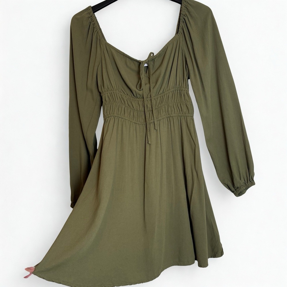 Cottage Core Mini Dress Size Small Smocked Green/Olive FairyCore Long Sleeve - Picture 4 of 9